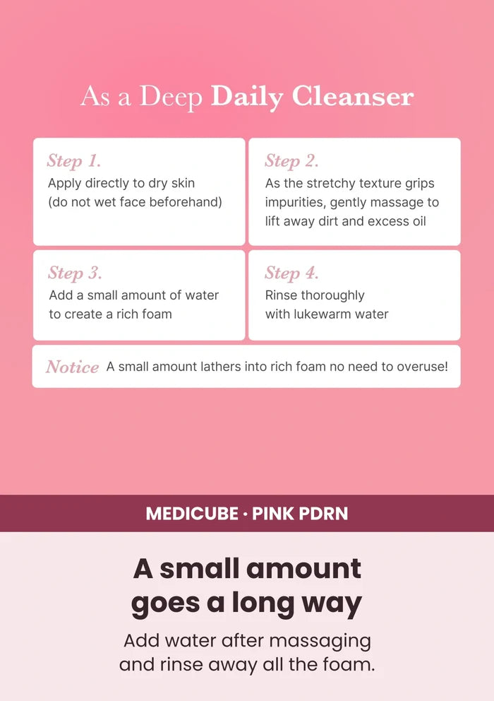 Medicube PDRN Pink Niacinamide Whip Cleanser — Four simple cleansing actions. Add water after massaging and rinse away all the foam.