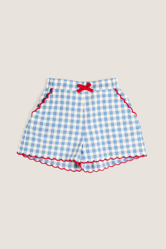 Blue Gingham Shorts with Red Trim