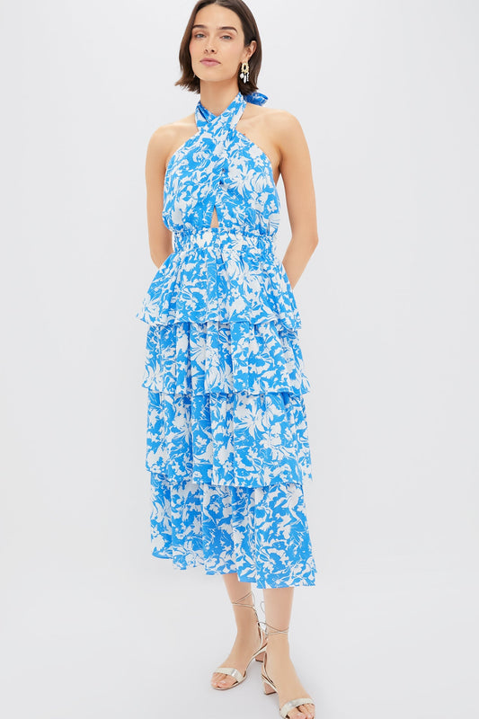 Blue & White Floral Halter Neck Jenny Midi Dress
