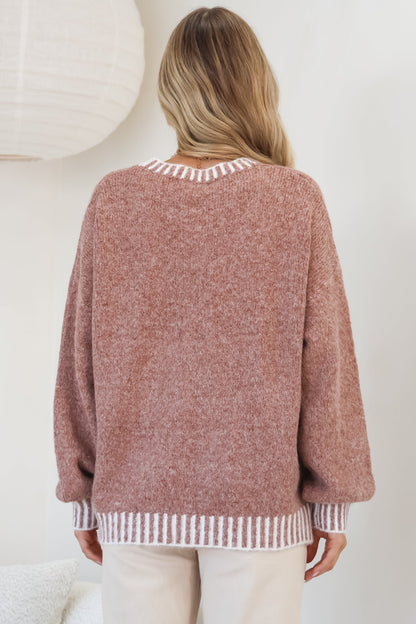 Aura Jumper - Crew Neck Jumper with Contrast Stripe Trim in Cinnamon