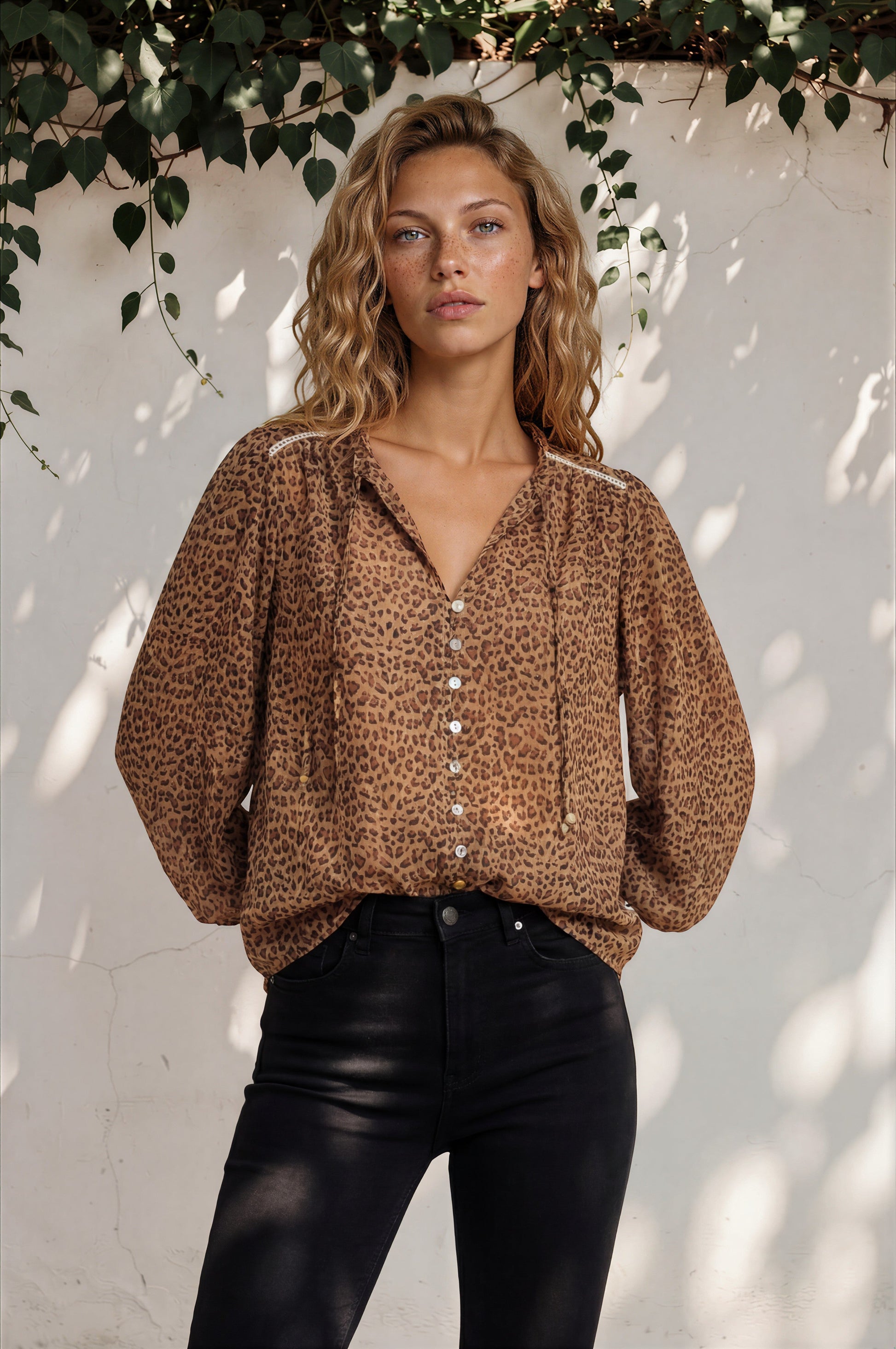 Violet Blouse - Frill Collar Button Down Balloon Sleeve Top in Wyatt Print