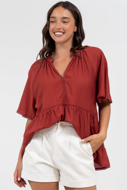 Ellery Top - Mandarin Collar Smock Top with Ladder Lace Insert Splicing in Rust