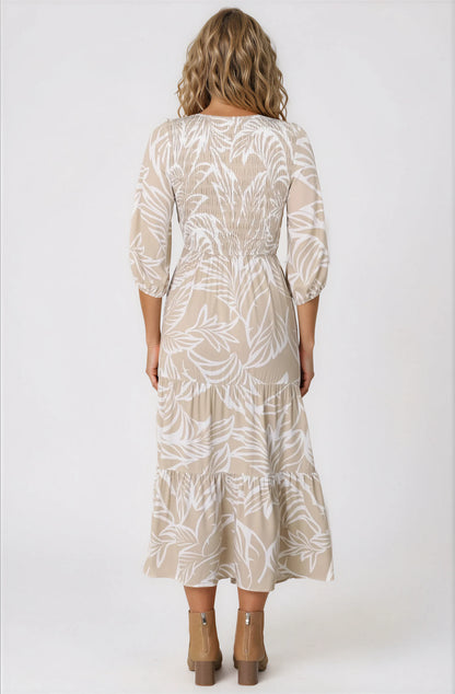 Jaden Midi Dress - Elasticated Bodice A-Line Dress in Jeani Print Beige
