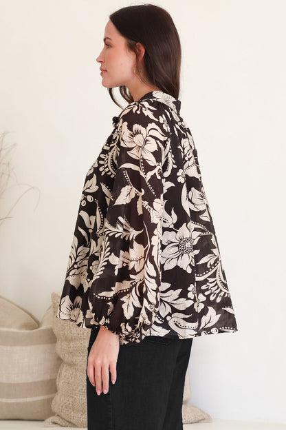 Portia Blouse - Button Down Mandarin Collar Shirt in Vendetta Print