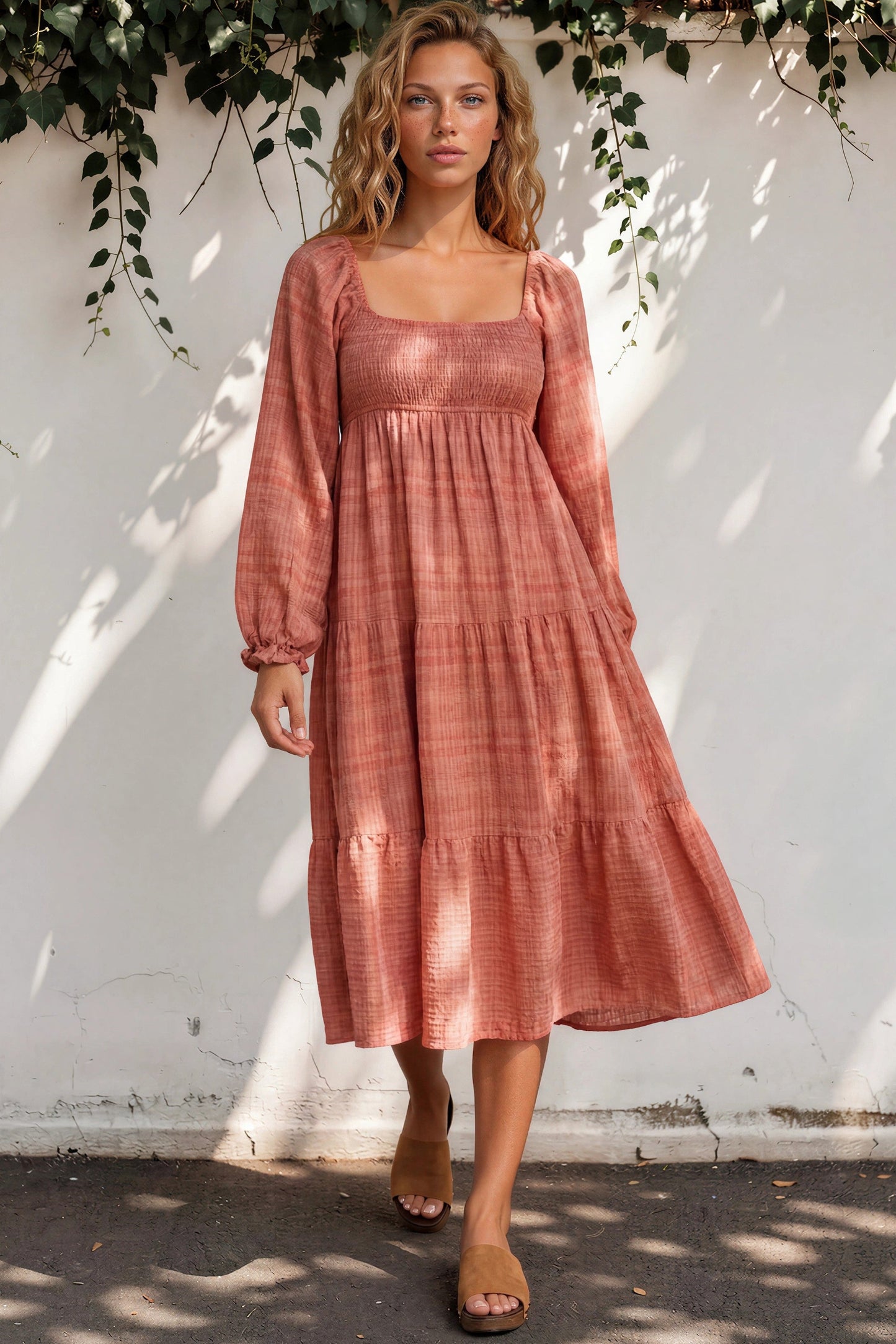 Teva Midi Dress - Square Neckline Dress with Pockets in Light Coral
