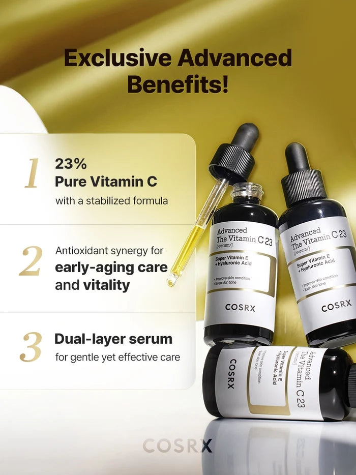Set of COSRX Advanced The Vitamin C 23 Serum bottles with golden background highlighting 23% pure Vitamin C, antioxidant synergy for early-aging prevention, and dual-layer hydration; designed to visibly brighten tone, smooth texture, and reduce hyperpigmentation and pore appearance.