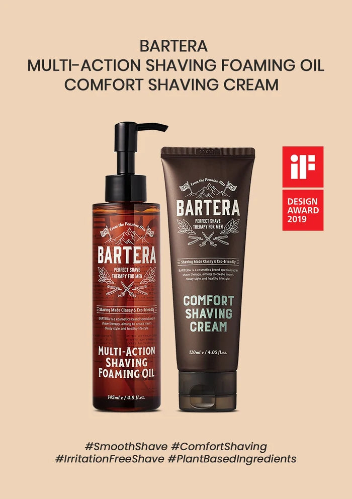 Bartera multi-action shaving foaming oil and comfort shaving cream on a beige background with a Design Award logo.