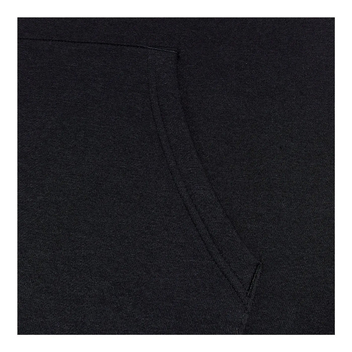 A black sweatshirt features a front pocket showing soft fabric with subtle texture details against a dark background suggesting warmth and casual wear suitable for everyday use.