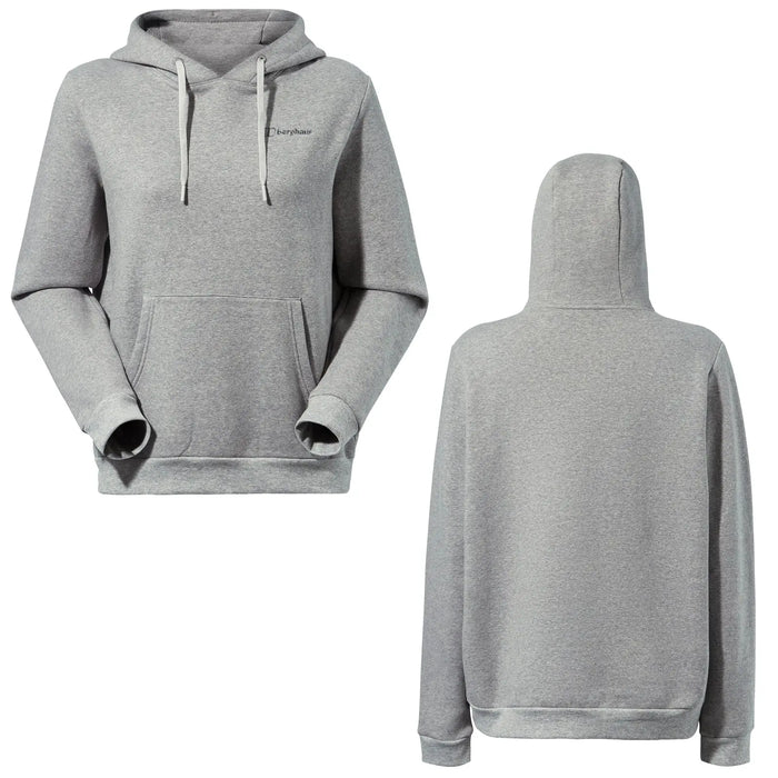 A gray hoodie is displayed from the front and back views featuring a front pocket and drawstrings on the hood The fabric appears soft and casual suitable for everyday wear