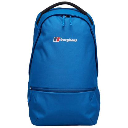 A blue backpack is standing upright featuring a logo on the front it has a main zip compartment and a smaller zippered pocket at the bottom designed for carrying belongings.