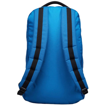 A blue backpack stands upright showcasing its padded straps and back surface in a neutral background emphasizing its functional design for carrying items comfortably.