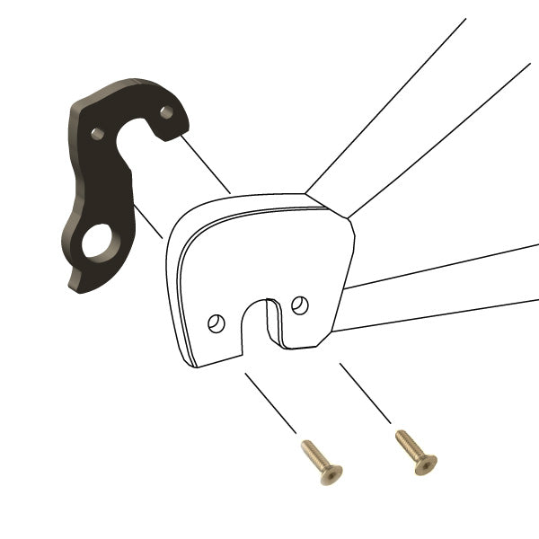 Hanger #216 attaches to the frame's rear dropout from the outside, or derailleur side using two M3x8 flat head screws.