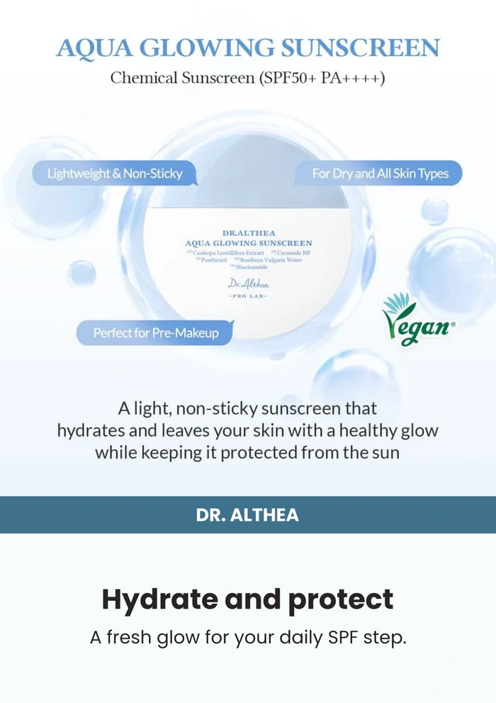 Dr. Althea Aqua Glowing Sunscreen 45ml — Hydrate and protect. A fresh glow for your daily SPF step.