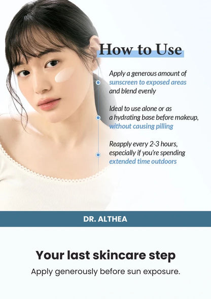 Dr. Althea Aqua Glowing Sunscreen 45ml — Your last skincare step. Apply generously before sun exposure.