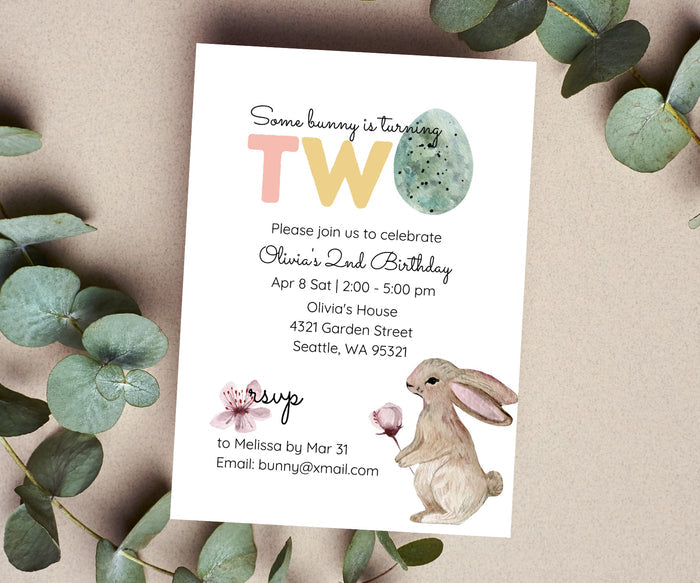 Editable Digital Easter Bunny 2nd Birthday Invitation - Spring Easter Themed Second Birthday Party Canva Template