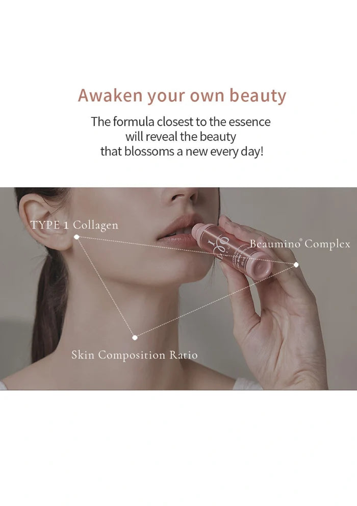 Product being applied to lips with text about awakening beauty and skin composition.