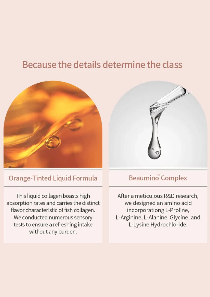 Product description with orange-tinted liquid formula and Beaumino complex on a light pink background.