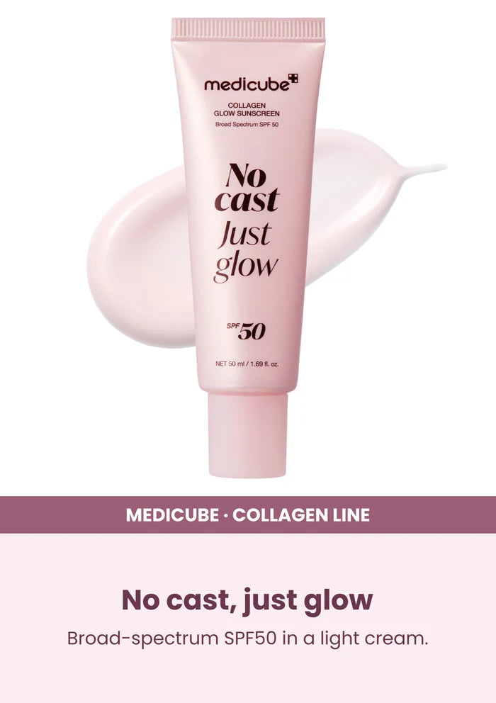 Medicube Glow Collagen Sunscreen SPF50 50ml — No cast, just glow. Broad-spectrum SPF50 in a light cream.