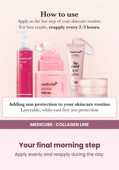 Medicube Glow Collagen Sunscreen SPF50 50ml — Your final morning step. Apply evenly and reapply during the day.