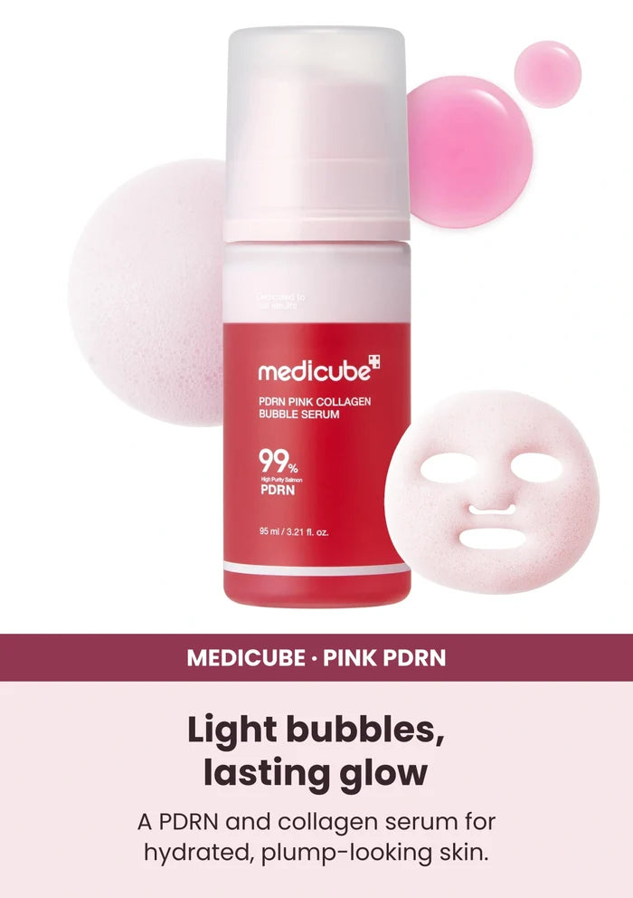 Medicube PDRN Pink Collagen Bubble Serum — Your daily bubble-serum step. A PDRN and collagen serum for hydrated, plump-looking skin.