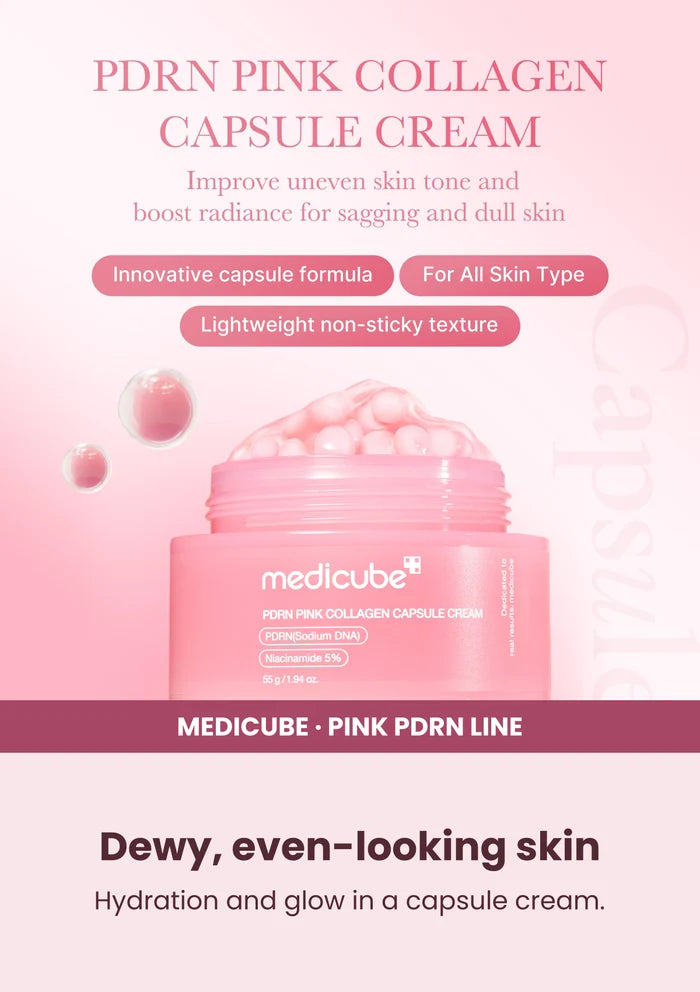 Medicube PDRN Pink Collagen Capsule Cream — Dewy, even-looking skin. Hydration and glow in a capsule cream.