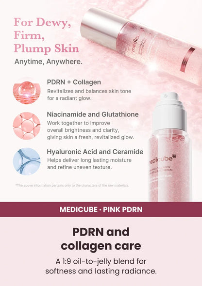 Medicube PDRN Pink Collagen Glow Jelly Mist Serum — A moisture-rich dual layer. A 1:9 oil-to-jelly blend for softness and lasting radiance.