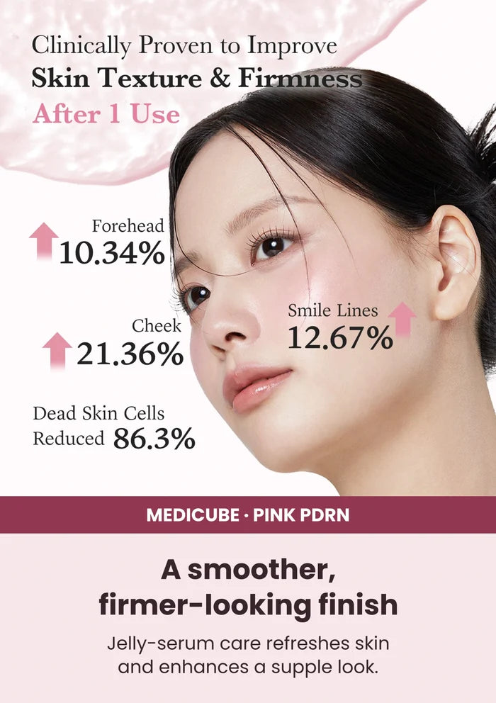 Medicube PDRN Pink Collagen Glow Jelly Mist Serum — Care for texture and bounce. Jelly-serum care refreshes skin and enhances a supple look.