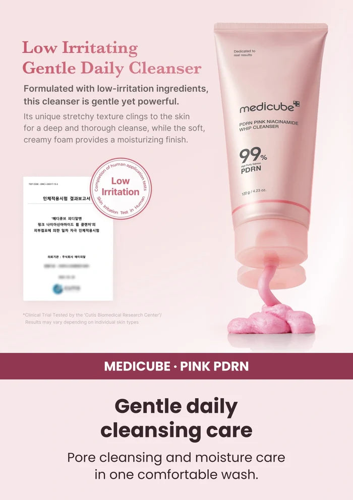 Medicube PDRN Pink Niacinamide Whip Cleanser — A clean finish with comfort. Pore cleansing and moisture care in one comfortable wash.