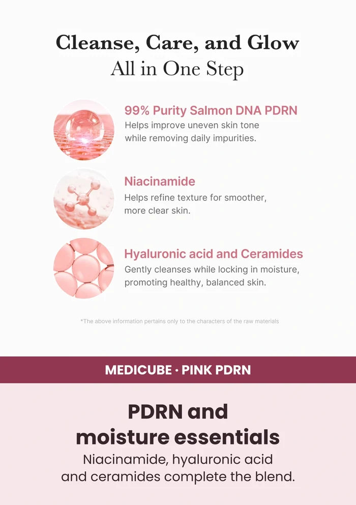 Medicube PDRN Pink Niacinamide Whip Cleanser — Cleanse with skin-conditioning care. Niacinamide, hyaluronic acid and ceramides complete the blend.