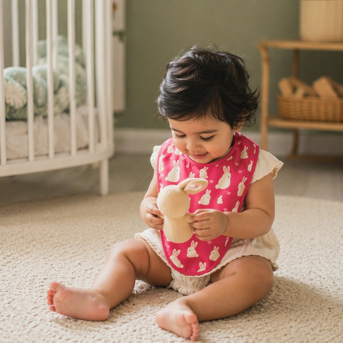 Mimi Baby Bib | Bunny Hop | Blossom | Bamboo-Cotton, Waterproof, Tagless | 0-4Y