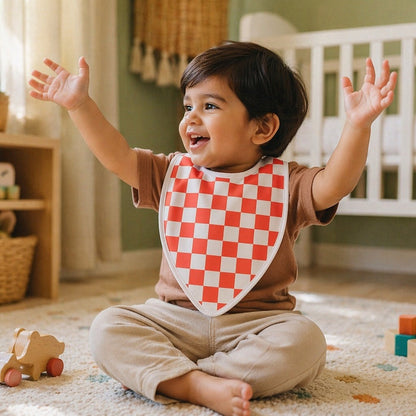 Mimi Baby Bib | Checkerboard | Geo Play | Bamboo-Cotton, Waterproof, Tagless | 0-4Y