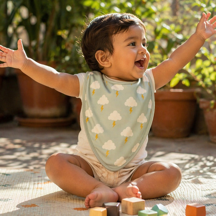 Mimi Baby Bib | Cloud + Lightning | Monsoon Magic | Bamboo-Cotton, Waterproof, Tagless | 0-4Y