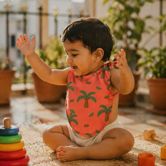 Mimi Baby Bib | Coconut Palm | Tropicale | Bamboo-Cotton, Waterproof, Tagless | 0-4Y