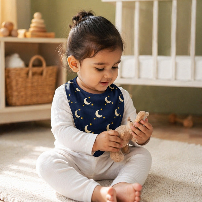 Mimi Baby Bib | Crescent Moon + Stars | Stardust | Bamboo-Cotton, Waterproof, Tagless | 0-4Y