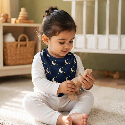 Mimi Baby Bib | Crescent Moon + Stars | Stardust | Bamboo-Cotton, Waterproof, Tagless | 0-4Y