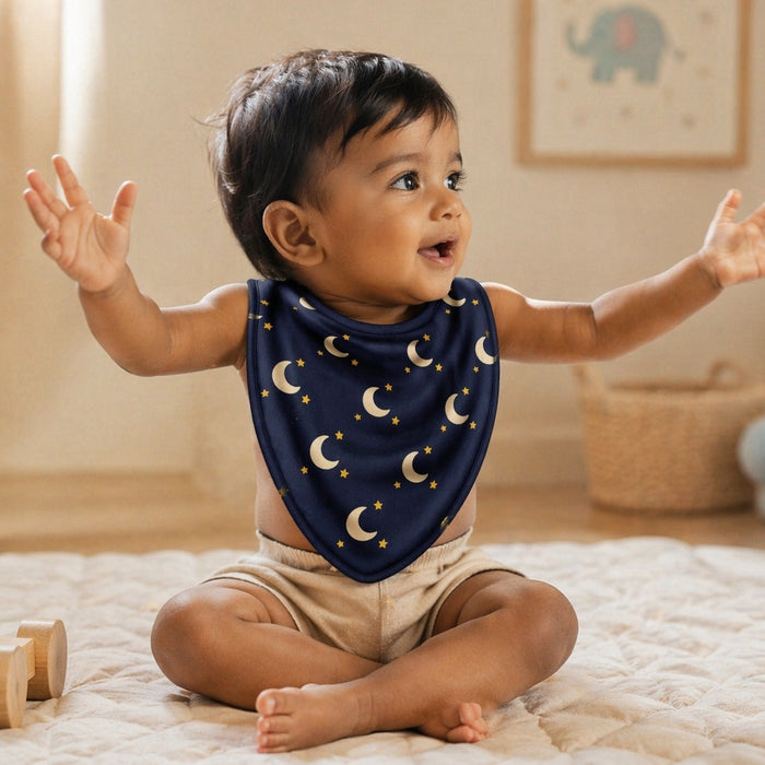 Mimi Baby Bib | Crescent Moon + Stars | Stardust | Bamboo-Cotton, Waterproof, Tagless | 0-4Y