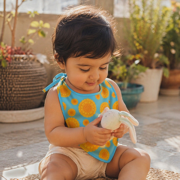 Mimi Baby Bib | Marigold Burst | Tropicale | Bamboo-Cotton, Waterproof, Tagless | 0-4Y
