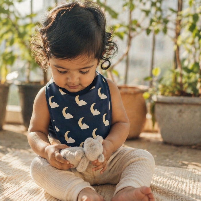 Mimi Baby Bib | Moon + Cloud | Stardust | Bamboo-Cotton, Waterproof, Tagless | 0-4Y