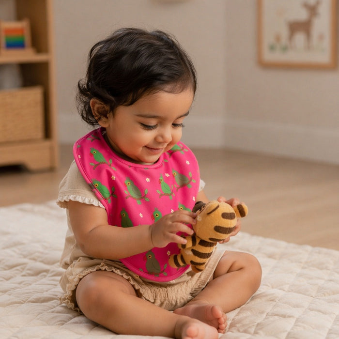 Mimi Baby Bib | Parrot on Branch | Tropicale | Bamboo-Cotton, Waterproof, Tagless | 0-4Y