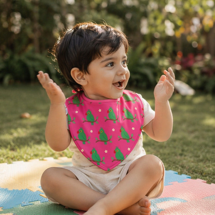 Mimi Baby Bib | Parrot on Branch | Tropicale | Bamboo-Cotton, Waterproof, Tagless | 0-4Y