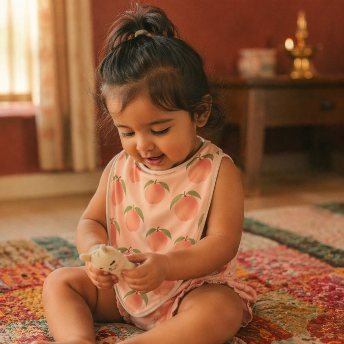 Mimi Baby Bib | Peach Garden | Orchard | Bamboo-Cotton, Waterproof, Tagless | 0-4Y