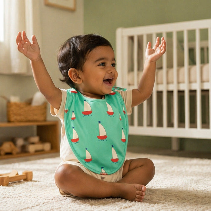 Mimi Baby Bib | Sailboat | Little Voyager | Bamboo-Cotton, Waterproof, Tagless | 0-4Y