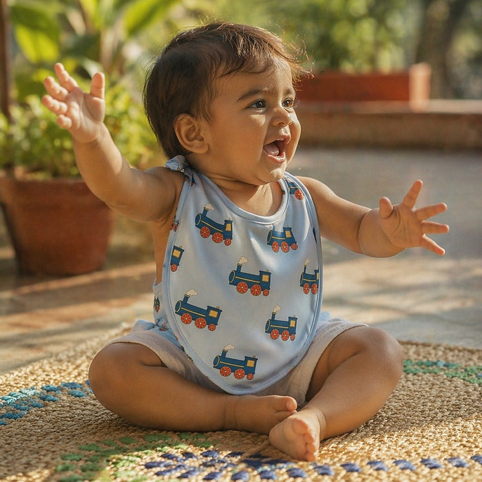 Mimi Baby Bib | Steam Train | Little Voyager | Bamboo-Cotton, Waterproof, Tagless | 0-4Y