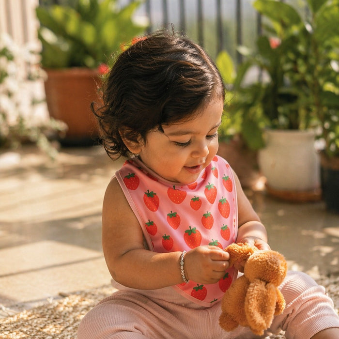 Mimi Baby Bib | Strawberry Patch | Blossom | Bamboo-Cotton, Waterproof, Tagless | 0-4Y