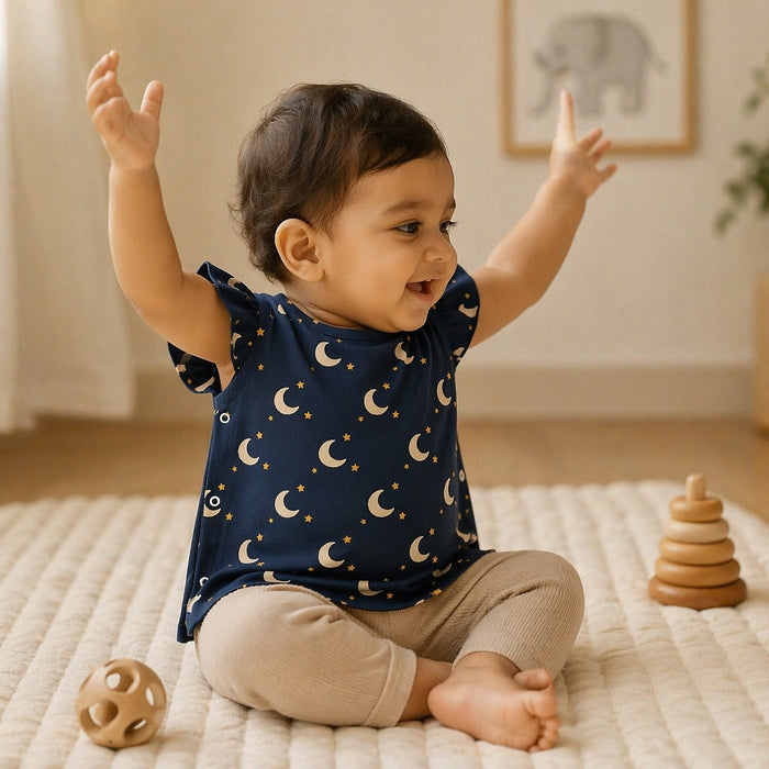 Mimi Baby Jhabla | Crescent Moon + Stars | Stardust | Bamboo-Cotton, Tagless, 3× Softer | 0-9M
