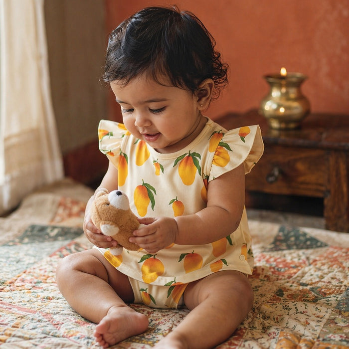 Mimi Baby Jhabla | Mango Grove | Orchard | Bamboo-Cotton, Tagless, 3× Softer | 0-9M