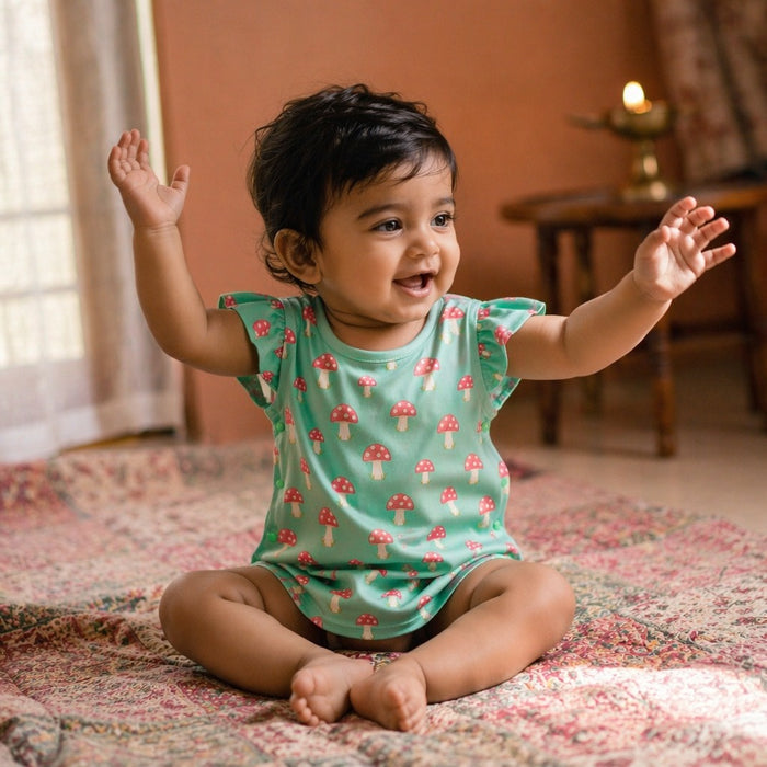 Mimi Baby Jhabla | Mushroom Magic | Blossom | Bamboo-Cotton, Tagless, 3× Softer | 0-9M