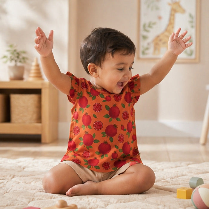 Mimi Baby Jhabla | Pomegranate Crown | Orchard | Bamboo-Cotton, Tagless, 3× Softer | 0-9M