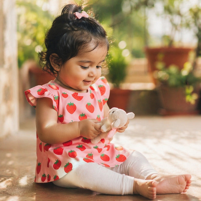 Mimi Baby Jhabla | Strawberry Patch | Blossom | Bamboo-Cotton, Tagless, 3× Softer | 0-9M