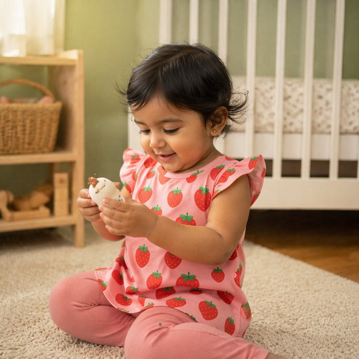 Mimi Baby Jhabla | Strawberry Patch | Blossom | Bamboo-Cotton, Tagless, 3× Softer | 0-9M